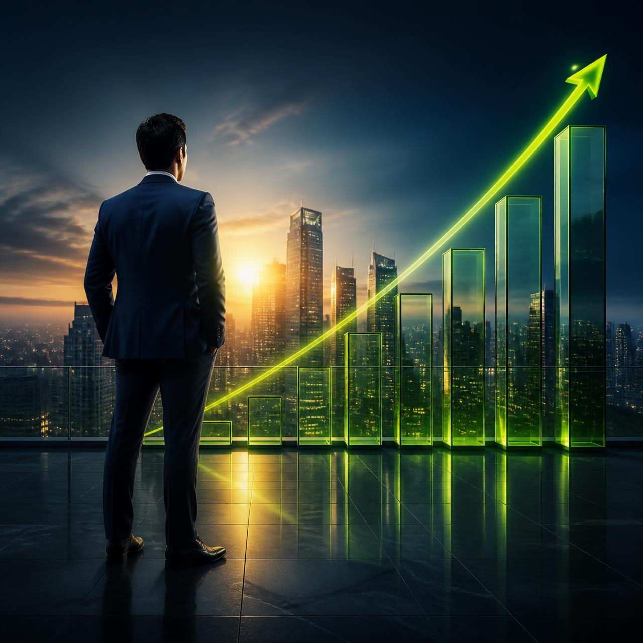 Business owner watching a rising growth chart over a city skyline