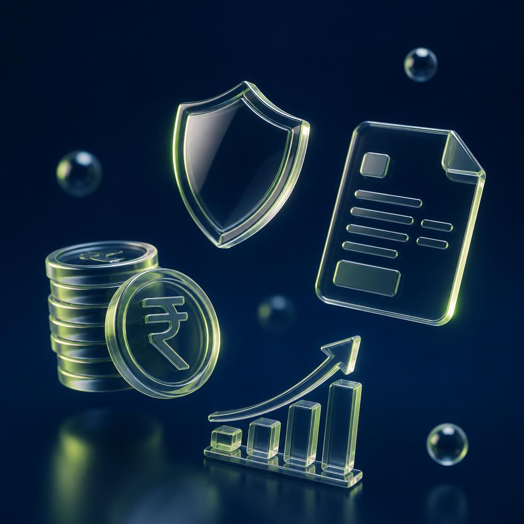 3D illustration of rupee coins, a shield, a document and a growth chart